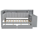 Full Size Daybed with Storage Shelves,Drawers,Charging Station,LED Light,Desk and Upholstered Headboard and Backrest