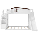 Twin over Full Bunk Bed with Storage Staircase, Shelf, Slide and Wardrobe, White+Espresso