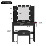 Makeup Vanity Desk with 10 Hollywood Bulbs, Fluted Dressing Table with Charging Station, 2 Drawers and 4 Open Shelves, Hairdryer Holder, Padded Stool with Storage , Black