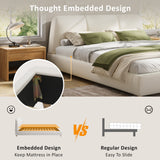 King Size Modern Upholstered Bed Frame with Linen Fabric and Solid Wood Legs, White