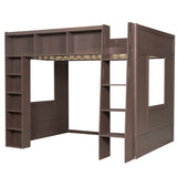 Queen Size Wooden Loft Bed with Storage Cabinets and Shelves