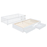 Twin Size Wood Daybed with Fence Guardrails and 2 Drawers, Split into Independent Floor Bed & Daybed