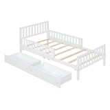 Twin Size Wood Platform Bed with Guardrails on Both Sides and Two Storage Drawers,White