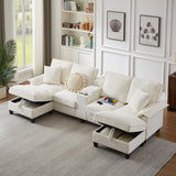 120" Modular Corduroy Sectional Sofa with Storage, Modern U-Shaped 4-Seater Sofa with Cup Holders, Beige