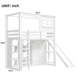 Twin Size Wood Loft Bed with Wardrobe, Storage Shelves, Slide & 7-Color LED Lights, Sturdy Pine/MDF Frame, White