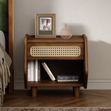 Nightstand with Rattan Detail, Modern Bedroom End Table with Open Shelf & Drawer