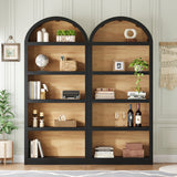 Set of 2 Arched Bookshelves, 5-Tier Farmhouse Open Display Bookcase with Two-Tone Finish & Fabric-Wrapped Top
