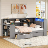 Twin Size Platform Bed Frame, Wood Daybed with Storage Shelves, Drawers, Charging Station, LED, and Upholstered Headboard