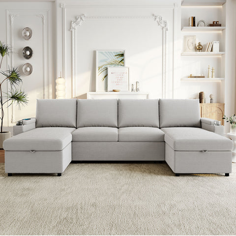 109.5"W U-Shaped Convertible Sofa Bed, Upholstered Sectional Sofa with Storage Chaises, Cup Holders & USB Ports, Gray