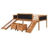 Twin Size Loft Bed with Slide, Storage Boxes, Climbing Frame and Double-Sided Chalkboard, Solid Wood Bed Frame for Kids