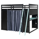 Full Size Wood Loft Bed with Blackout Curtains, USB Port, Wardrobe, Lights, Pegboard & Keyboard Tray, Black+Blue