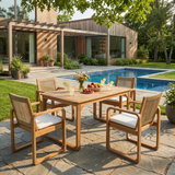 5-Piece Outdoor Dining Table Set, 71" Acacia Wood Table with Cushions + 6 Rope Back Dining Chairs,