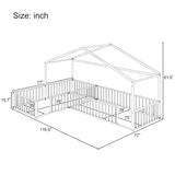 Double Twin Size L-Shaped Montessori House Bed Frame, Metal Corner Bed with Fence, Floor Bed Without Slats, White