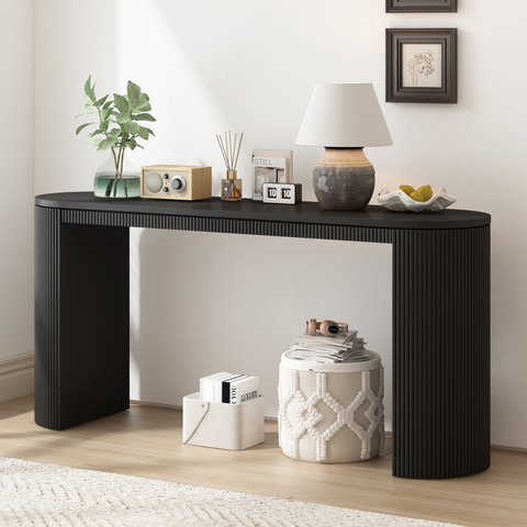 59.2"W Curved Console Table with Unique Vertical Stripe Design, Suitable for Living Room, Study and Entrance, Black