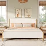 King Size Upholstered Platform Bed Frame with Headboard, White&Natural