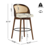 Set of 2 360° Swivel Rubberwood Barstools Counter Stools, PU Cushioned Seat with Rattan Backrest