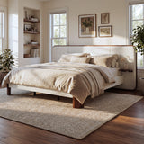 King Size Upholstered Platform Bed Frame Noise-Free Bed with Padded Headboard & Floating Side Tables, White & Brown