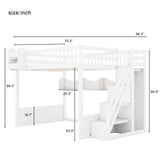 Queen Size Wooden Loft Bed Bunk Bed Frame with Built-In Wardrobe & Storage Shelves