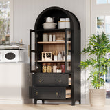71" Tall Arched Kitchen Pantry Cabinet, 2 Drawers, Adjustable Shelves with Glass Door, Modern Farmhouse Storage Cupboard