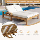 Outdoor Double Chaise Lounge Patio Daybed Recliner Lawn Sunbathing Bed with Adjustable Back & Cushion, Light Teak