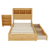 Twin Wood Bed with Storage Headboard, Built-in LED Lighting & Charging Station, 2 Drawers & Pull-Out Cabinet
