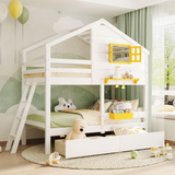 Twin over Twin Bunk Bed with 2 Drawers, 1 Storage Box, 1 Shelf, Window and Roof, White
