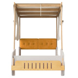 Wooden Twin Size Car Bed with Pillows, Ceiling Cloth and LED, Natural