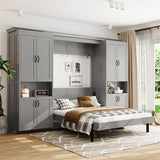 Full Size Murphy Bed Space-Saving Wall Bed with Dual Sliding Storage Cabinets & Dual 6-Tier Side Shelves, Gray