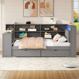 Twin Size Platform Bed Frame, Wood Daybed with Storage Shelves, Drawers, Charging Station, LED, and Upholstered Headboard
