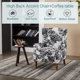 Wingback Accent Chair & Coffee Table Set, Reading Armchair Vintage Luxury Lounge Chair, Antique White+Gray