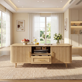 Mid-Century Modern Coffee Table with Storage, Wood Center Table with Tambour Doors & Drawer
