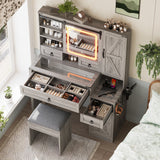 Farmhouse Vanity Table Set Vanity Desk Dressing Table Makeup Table Set with Stool, LED Mirror, Drawers and Charging Station, Gray