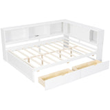 Queen Size Wood Daybed with Storage Shelves & 2 Drawers, Modern Platform Bed Frame with USB and LED