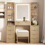 Fluted Makeup Vanity Desk Modern Vanity Table Dressing Table Set with Stool, 3-Color LED Mirror & Charging Station