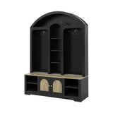 Curved Top Hall Tree with Storage & Hooks, Entryway Coat Rack with Shoe Bench & LED Light, Multi-Functional Foyer Organizer