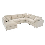 Sectional Sofa, 7-Seater Oversized Sofa with Movable Ottoman, Chenille Upholstered Modular Sofa Couch, Beige