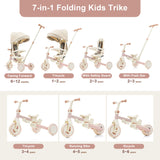 7 in 1 Baby Tricycle, Foldable Toddler Tricycle with Removable and Adjustable Parent Handle, Toddler Push Bike with Removable Pedal, Canopy, and Guardrail, Tricycle for 12-72 Months
