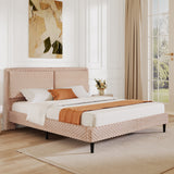 King Size Upholstered Bed Frame with Soft Backrest, Wood Platform Bed Frame for Bedroom, Camel