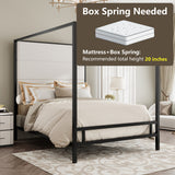 King Size Canopy Bed Metal 4-Poster Bed Frame with Tall Linen Fabric Upholstered Headboard, Box Spring Needed, Black+White
