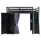 Full Size Wood Loft Bed with Blackout Curtains, USB Port, Wardrobe, Lights, Pegboard & Keyboard Tray, Black+Blue