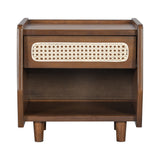 Nightstand with Rattan Detail, Modern Bedroom End Table with Open Shelf & Drawer