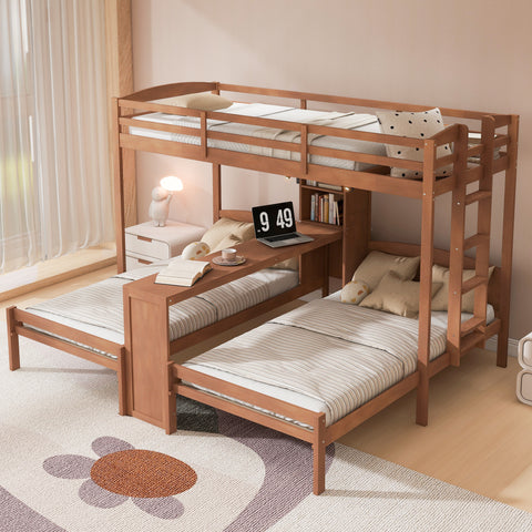 Triple Bunk Bed with Built-in Desk & Storage Shelves, Loft Bed with LED Reading Lamp, Twin over Twin & Twin Bunk Bed Frame