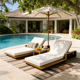 Acacia Wood Outdoor Chaise Lounge with 4" Thick Cushion & Woven Rope Accents, 4-Position Adjustable Reclining Patio Daybed