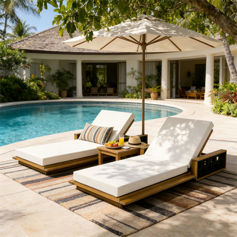 Acacia Wood Outdoor Chaise Lounge with 4" Thick Cushion & Woven Rope Accents, 4-Position Adjustable Reclining Patio Daybed