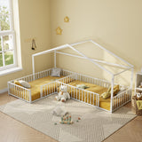Double Twin Size L-Shaped Montessori House Bed Frame, Metal Corner Bed with Fence, Floor Bed Without Slats, White