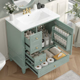 30" Freestanding Bathroom Vanity with Ceramic Sink, Solid Rubber Wood Frame, 3 Drawers, Soft-Close Door, Storage Shelves