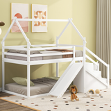 Twin over Twin House Bunk Bed with Slide and Staircase, White