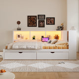 Queen Size Wood Daybed with Storage Shelves & 2 Drawers, Modern Platform Bed Frame with USB and LED