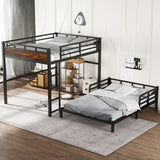 Queen over Queen Size Metal Bunk Bed with Detachable Platform Bed, Loft Bed, Black+Wood