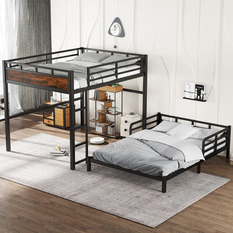 Queen over Queen Size Metal Bunk Bed with Detachable Platform Bed, Loft Bed, Black+Wood